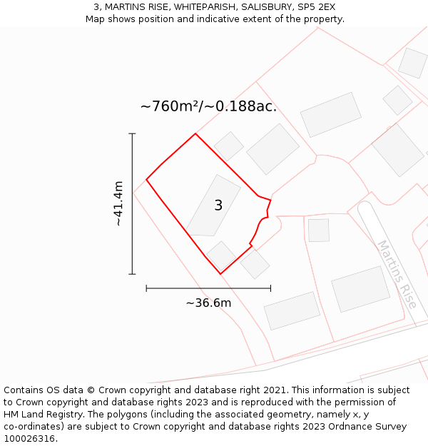 3, MARTINS RISE, WHITEPARISH, SALISBURY, SP5 2EX: Plot and title map