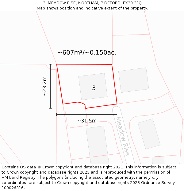 3, MEADOW RISE, NORTHAM, BIDEFORD, EX39 3FQ: Plot and title map