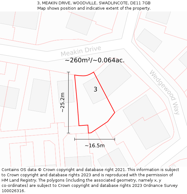 3, MEAKIN DRIVE, WOODVILLE, SWADLINCOTE, DE11 7GB: Plot and title map