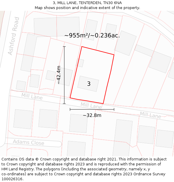 3, MILL LANE, TENTERDEN, TN30 6NA: Plot and title map