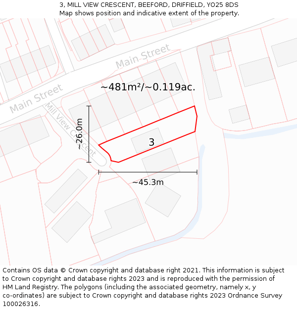 3, MILL VIEW CRESCENT, BEEFORD, DRIFFIELD, YO25 8DS: Plot and title map