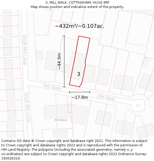 3, MILL WALK, COTTINGHAM, HU16 4RP: Plot and title map