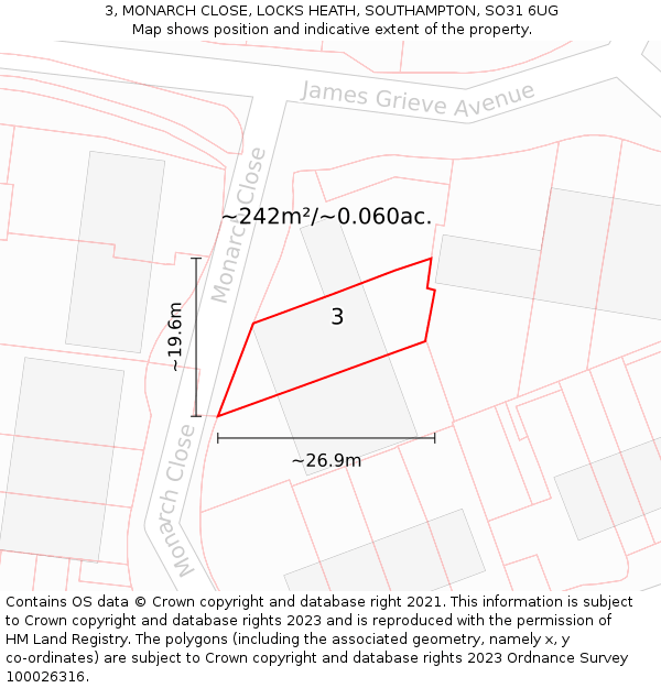 3, MONARCH CLOSE, LOCKS HEATH, SOUTHAMPTON, SO31 6UG: Plot and title map