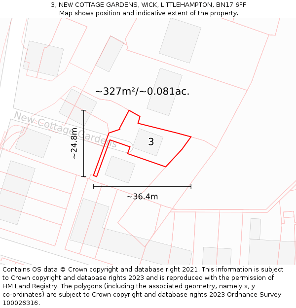 3, NEW COTTAGE GARDENS, WICK, LITTLEHAMPTON, BN17 6FF: Plot and title map