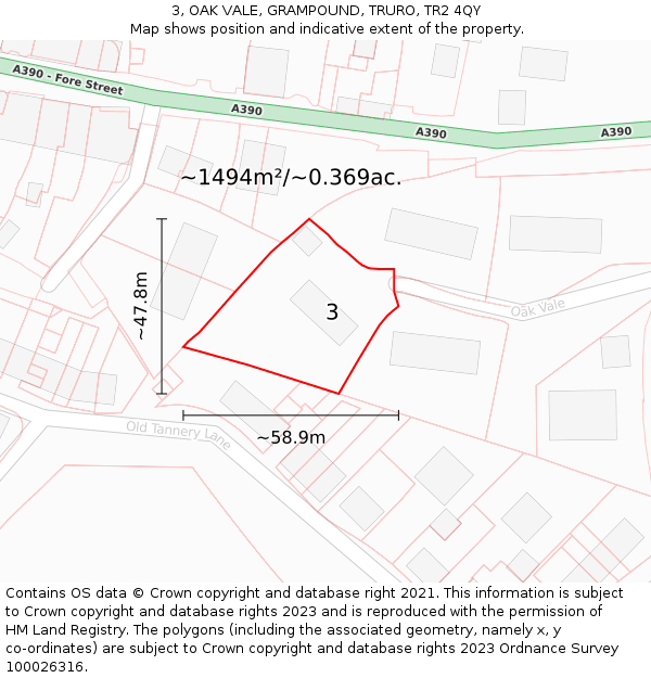 3, OAK VALE, GRAMPOUND, TRURO, TR2 4QY: Plot and title map