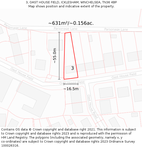 3, OAST HOUSE FIELD, ICKLESHAM, WINCHELSEA, TN36 4BP: Plot and title map