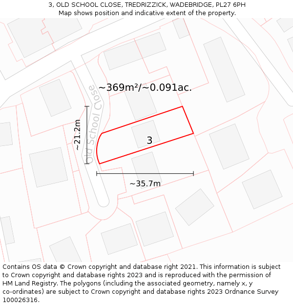 3, OLD SCHOOL CLOSE, TREDRIZZICK, WADEBRIDGE, PL27 6PH: Plot and title map