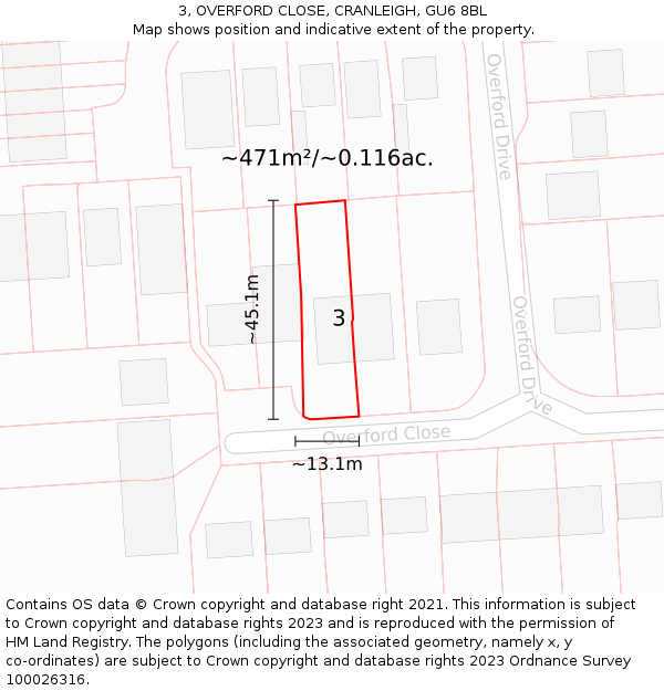 3, OVERFORD CLOSE, CRANLEIGH, GU6 8BL: Plot and title map