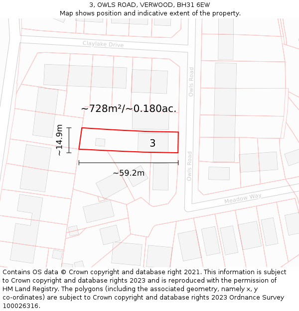 3, OWLS ROAD, VERWOOD, BH31 6EW: Plot and title map