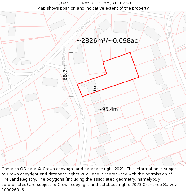 3, OXSHOTT WAY, COBHAM, KT11 2RU: Plot and title map