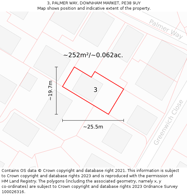 3, PALMER WAY, DOWNHAM MARKET, PE38 9UY: Plot and title map