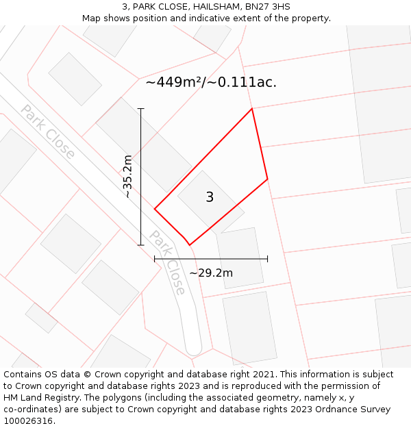 3, PARK CLOSE, HAILSHAM, BN27 3HS: Plot and title map