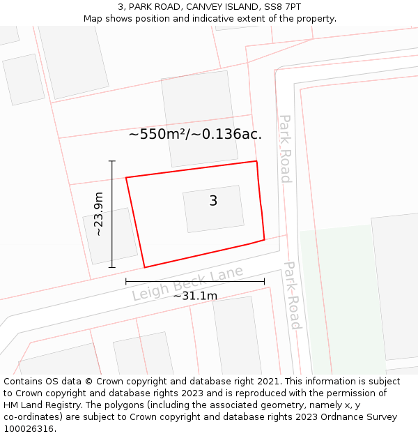 3, PARK ROAD, CANVEY ISLAND, SS8 7PT: Plot and title map