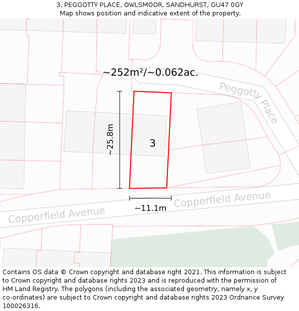 3, PEGGOTTY PLACE, OWLSMOOR, SANDHURST, GU47 0GY: Plot and title map