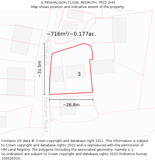 3, PENHALIGON CLOSE, REDRUTH, TR15 2HN: Plot and title map