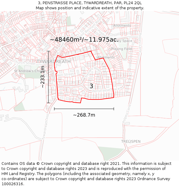 3, PENSTRASSE PLACE, TYWARDREATH, PAR, PL24 2QL: Plot and title map