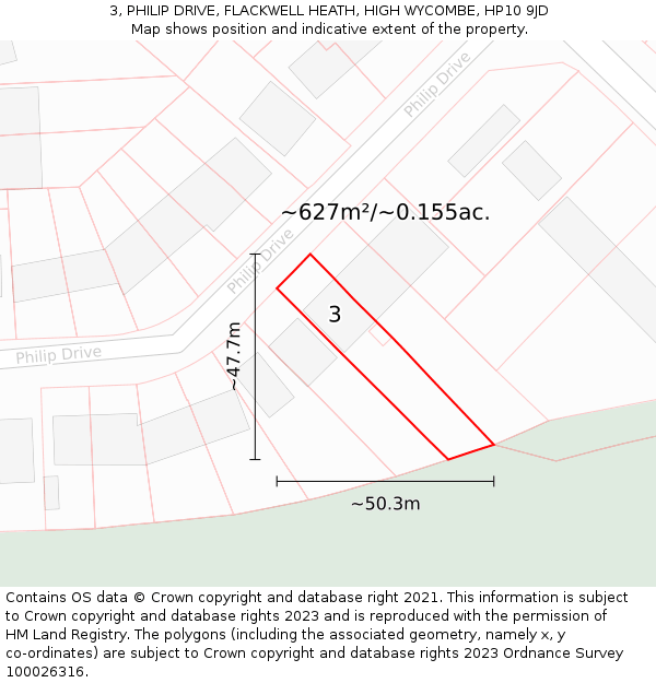 3, PHILIP DRIVE, FLACKWELL HEATH, HIGH WYCOMBE, HP10 9JD: Plot and title map