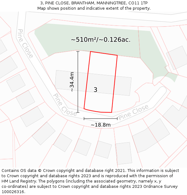 3, PINE CLOSE, BRANTHAM, MANNINGTREE, CO11 1TP: Plot and title map