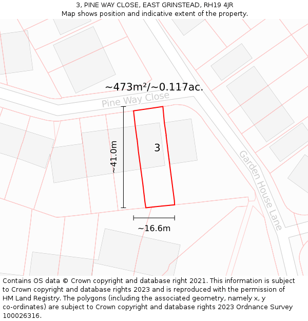 3, PINE WAY CLOSE, EAST GRINSTEAD, RH19 4JR: Plot and title map