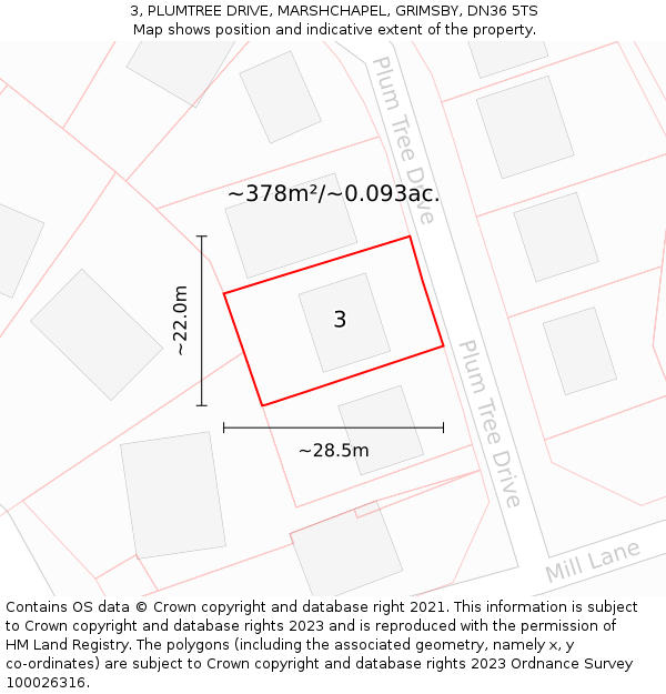 3, PLUMTREE DRIVE, MARSHCHAPEL, GRIMSBY, DN36 5TS: Plot and title map