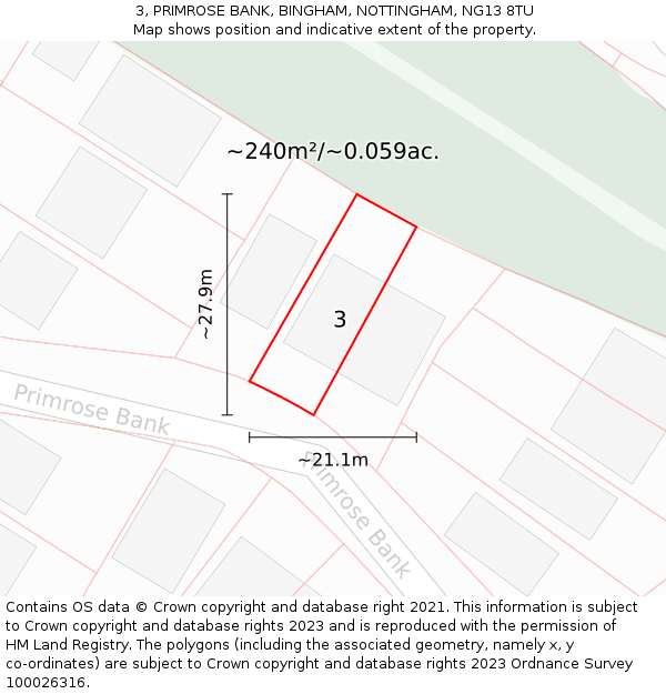 3, PRIMROSE BANK, BINGHAM, NOTTINGHAM, NG13 8TU: Plot and title map