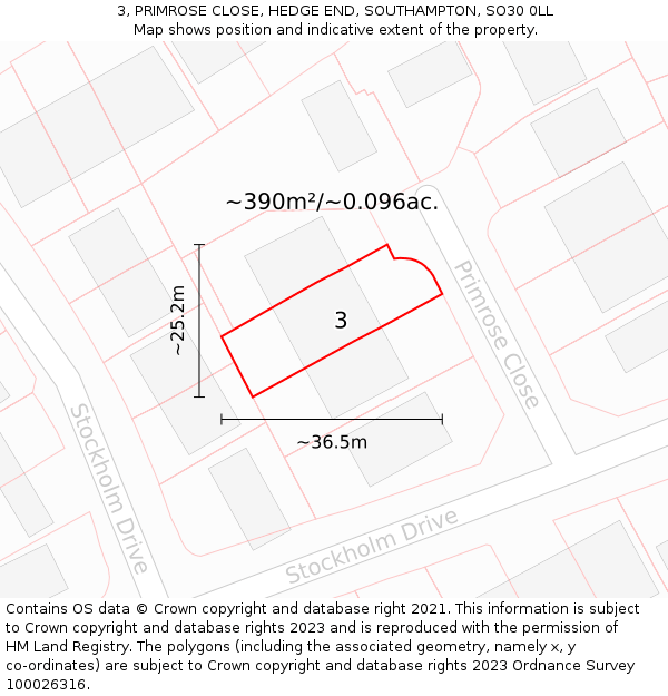 3, PRIMROSE CLOSE, HEDGE END, SOUTHAMPTON, SO30 0LL: Plot and title map