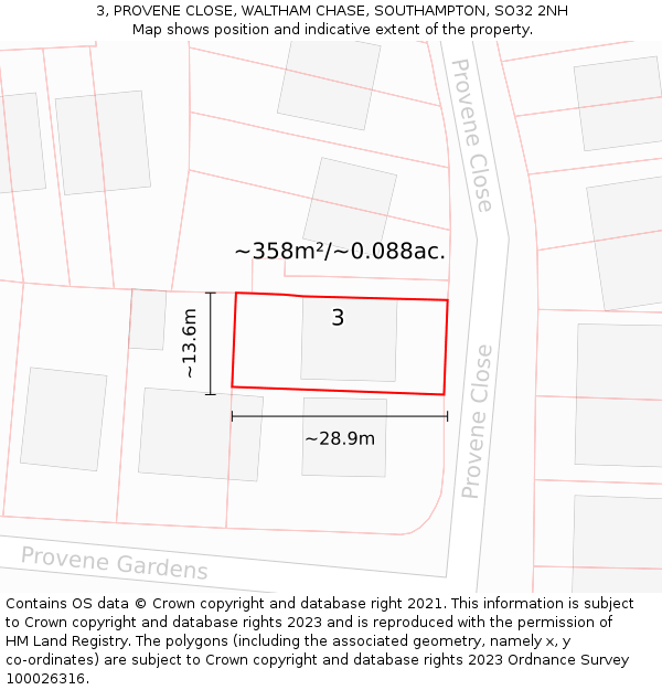 3, PROVENE CLOSE, WALTHAM CHASE, SOUTHAMPTON, SO32 2NH: Plot and title map