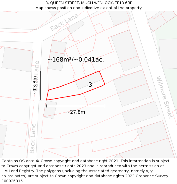 3, QUEEN STREET, MUCH WENLOCK, TF13 6BP: Plot and title map