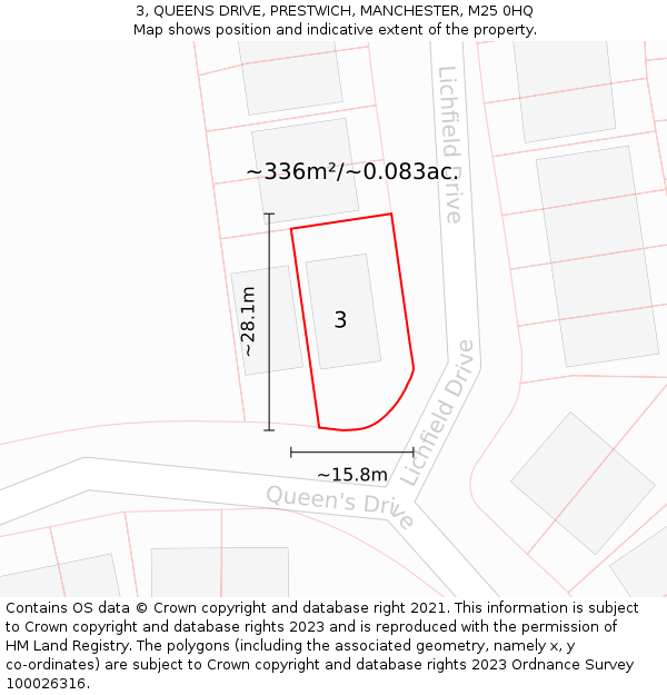 3, QUEENS DRIVE, PRESTWICH, MANCHESTER, M25 0HQ: Plot and title map