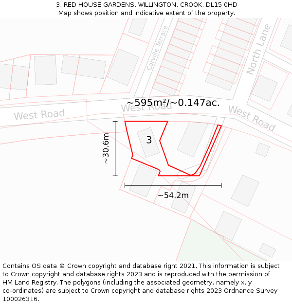 3, RED HOUSE GARDENS, WILLINGTON, CROOK, DL15 0HD: Plot and title map