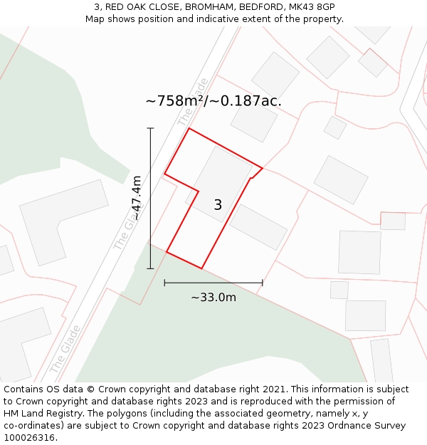 3, RED OAK CLOSE, BROMHAM, BEDFORD, MK43 8GP: Plot and title map