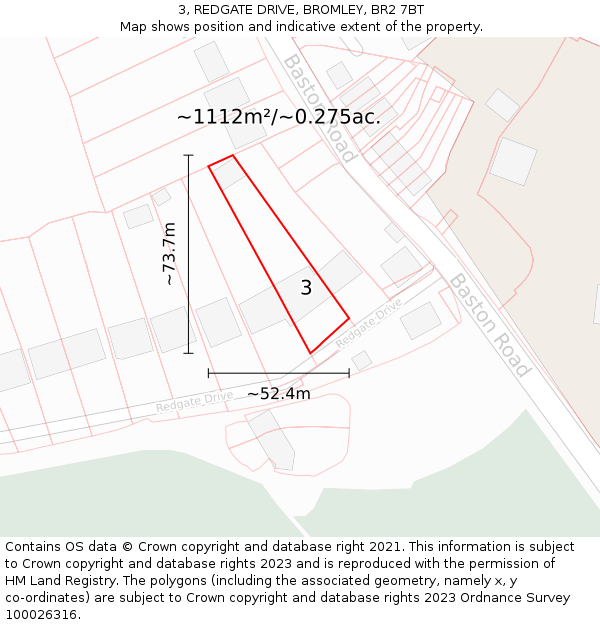 3, REDGATE DRIVE, BROMLEY, BR2 7BT: Plot and title map