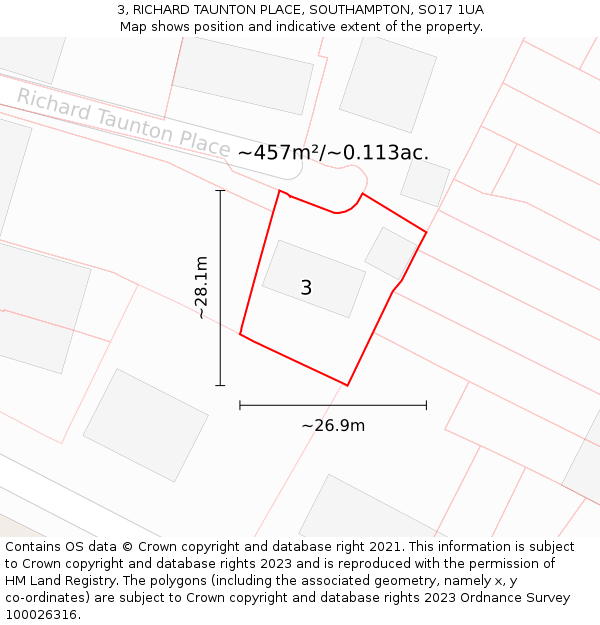 3, RICHARD TAUNTON PLACE, SOUTHAMPTON, SO17 1UA: Plot and title map