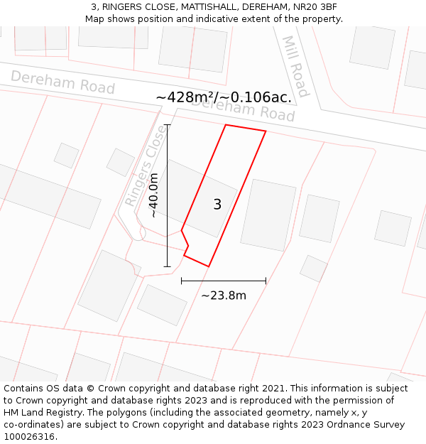 3, RINGERS CLOSE, MATTISHALL, DEREHAM, NR20 3BF: Plot and title map