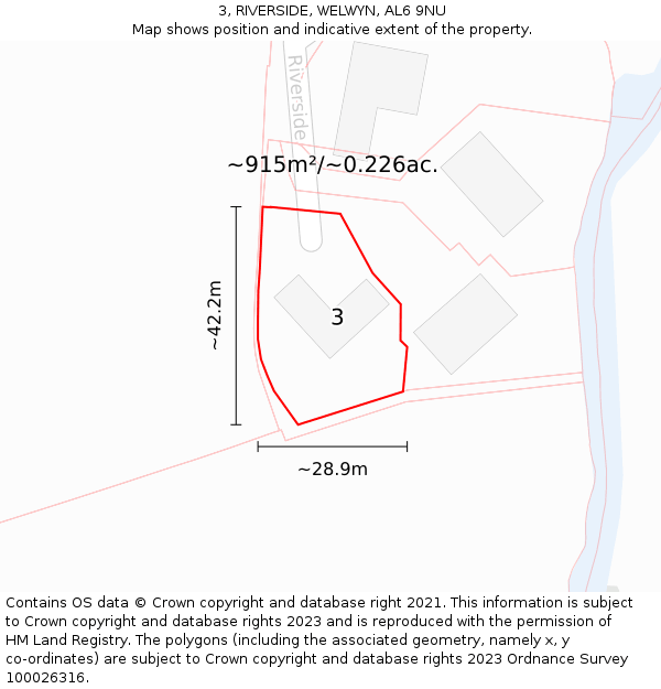 3, RIVERSIDE, WELWYN, AL6 9NU: Plot and title map