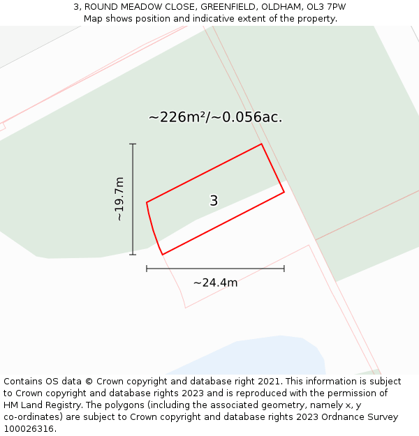 3, ROUND MEADOW CLOSE, GREENFIELD, OLDHAM, OL3 7PW: Plot and title map