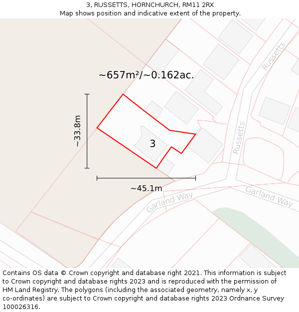 3, RUSSETTS, HORNCHURCH, RM11 2RX: Plot and title map