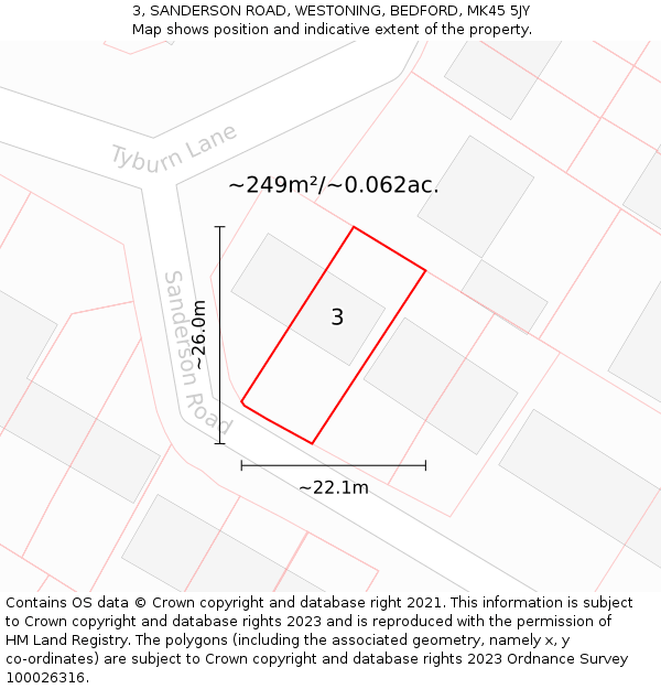 3, SANDERSON ROAD, WESTONING, BEDFORD, MK45 5JY: Plot and title map