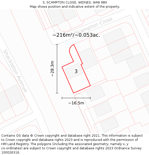 3, SCAMPTON CLOSE, WIDNES, WA8 9BX: Plot and title map