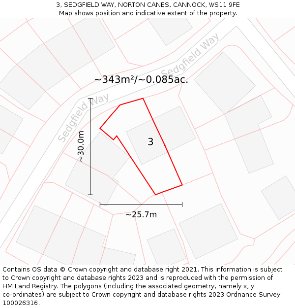 3, SEDGFIELD WAY, NORTON CANES, CANNOCK, WS11 9FE: Plot and title map