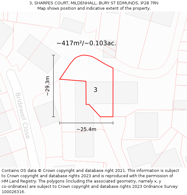 3, SHARPES COURT, MILDENHALL, BURY ST EDMUNDS, IP28 7RN: Plot and title map