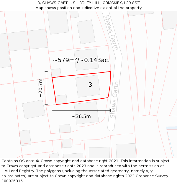 3, SHAWS GARTH, SHIRDLEY HILL, ORMSKIRK, L39 8SZ: Plot and title map