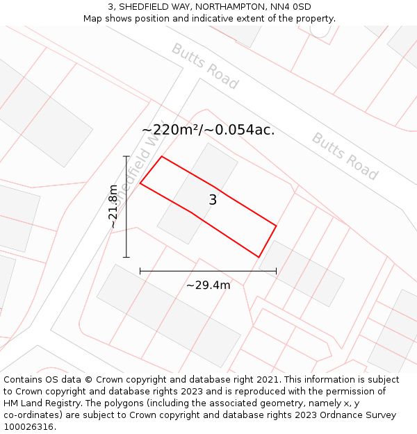 3, SHEDFIELD WAY, NORTHAMPTON, NN4 0SD: Plot and title map