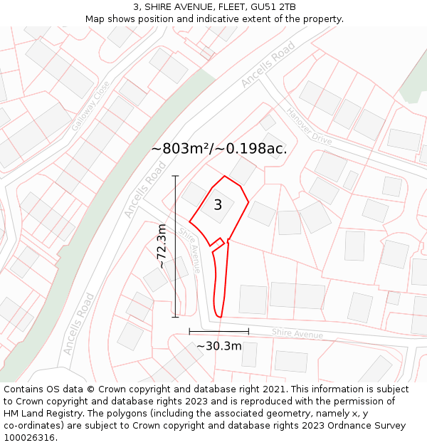 3, SHIRE AVENUE, FLEET, GU51 2TB: Plot and title map