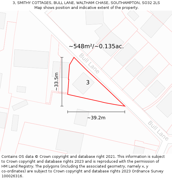 3, SMITHY COTTAGES, BULL LANE, WALTHAM CHASE, SOUTHAMPTON, SO32 2LS: Plot and title map