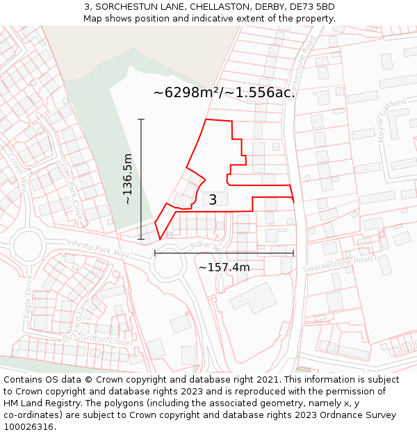 3, SORCHESTUN LANE, CHELLASTON, DERBY, DE73 5BD: Plot and title map