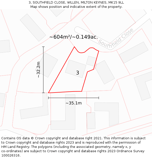 3, SOUTHFIELD CLOSE, WILLEN, MILTON KEYNES, MK15 9LL: Plot and title map