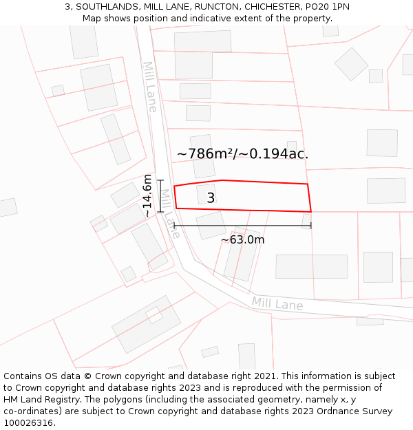 3, SOUTHLANDS, MILL LANE, RUNCTON, CHICHESTER, PO20 1PN: Plot and title map