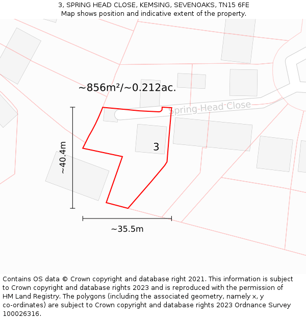 3, SPRING HEAD CLOSE, KEMSING, SEVENOAKS, TN15 6FE: Plot and title map