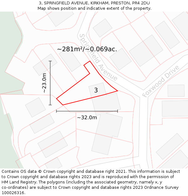 3, SPRINGFIELD AVENUE, KIRKHAM, PRESTON, PR4 2DU: Plot and title map